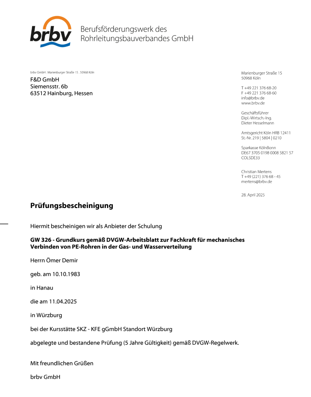 F&D GmbH Zertifikat 3