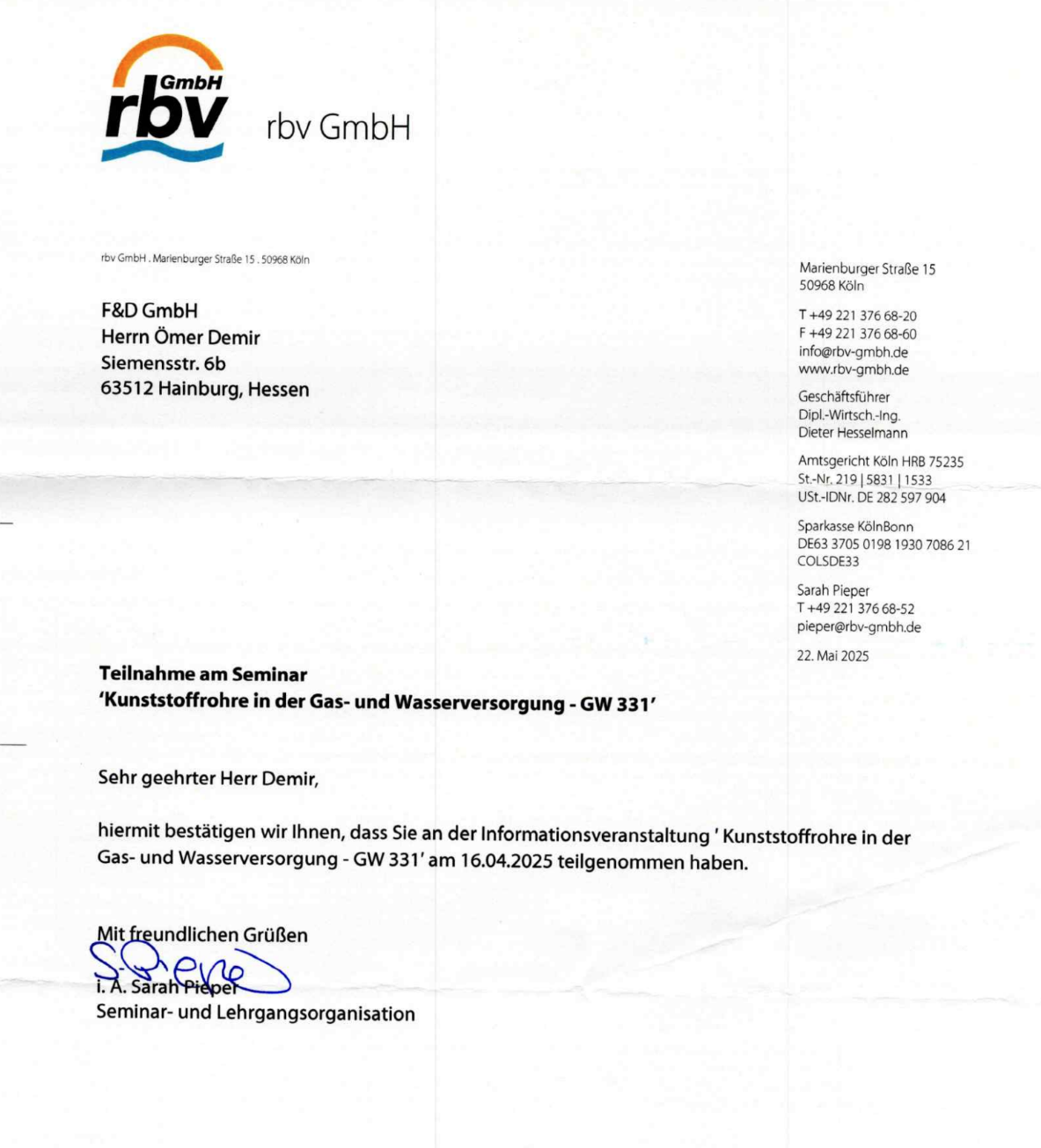 F&D GmbH Zertifikat 4